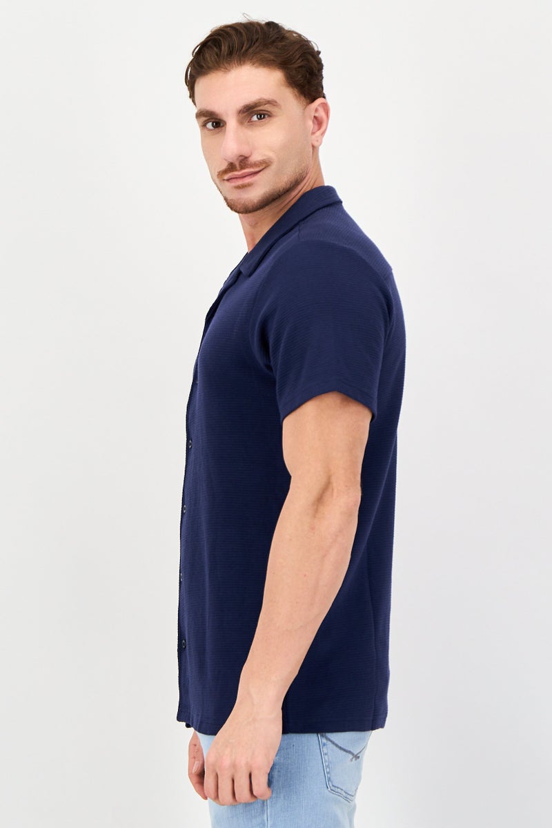 Threadbare Men Regular Fit Textured Short Sleeve Casual Shirt, Dark Navy - Image 3